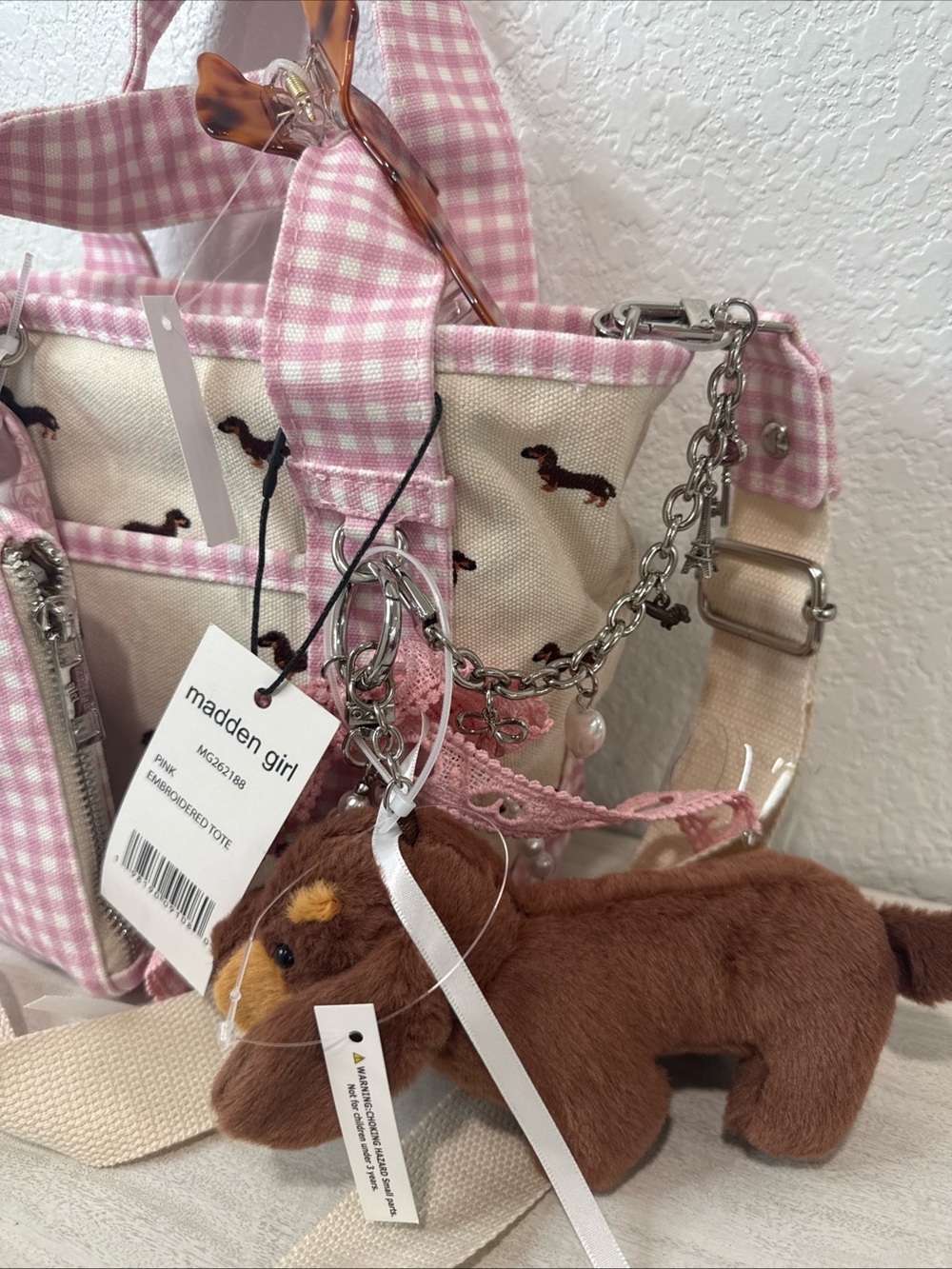Madden Girl Dachshund Doxie Dog Pink Gingham Vidal Tote Bag CharmS NWT - Picture 2 of 14